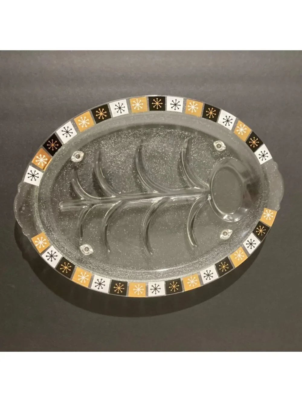 Vintage Glass Atomic Starburst MCM Gold Black Plate Tray Charcuterie