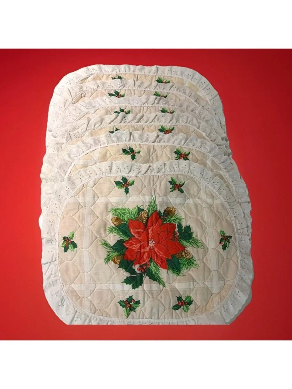 VTG Handmade Quilted Christmas Placemats Set of 6 Poinsettia Holiday Cottagecore