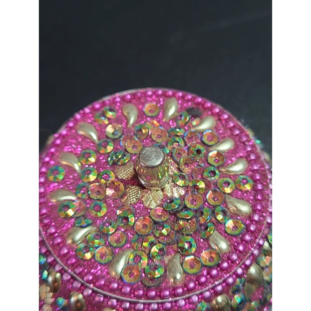 Vintage Fuchsia Round Ornate Jeweled Trinket Jewelry Box Glitter Inlay Sparkle