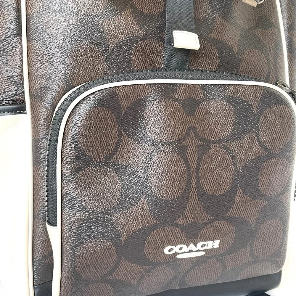 Coach Racer Backpack Colorblock Signature Canvas Leather Walnut Chalk CY775