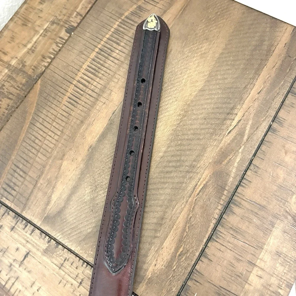 Nocona Brown Leather Western Belt 46 | Two-Tone Silver & Gold Buckle | Tooled