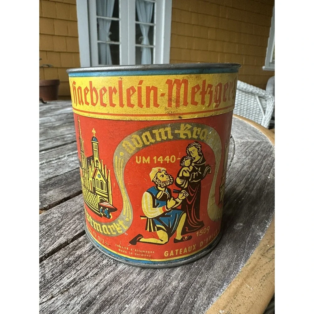 VINTAGE CHRISTIAN GERMAN JESUS MARY HAEBERLEIN METZGER SPICED CAKES TIN CAN