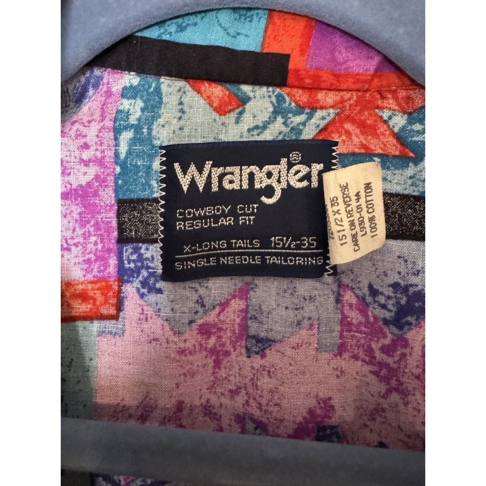 Vintage Wrangler Brushpopper  Aztec Colorful Western 15.5 35 Shirt X-Long Tails