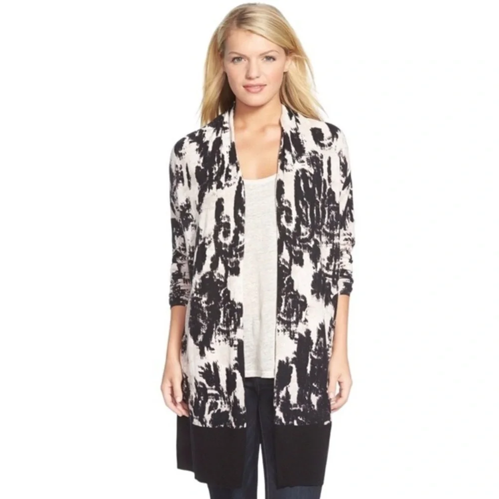 Nic+Zoe Castaway Open Front Cardigan Sweater Duster Abstract Black White XS