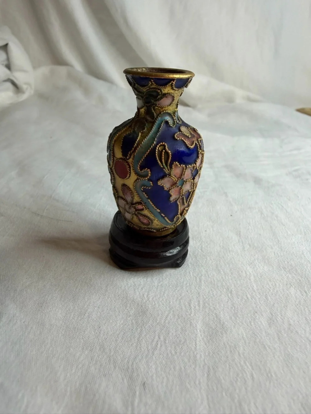 Vintage Mini Cobalt Blue Cloisonné Vase with Wood Stand - 2
