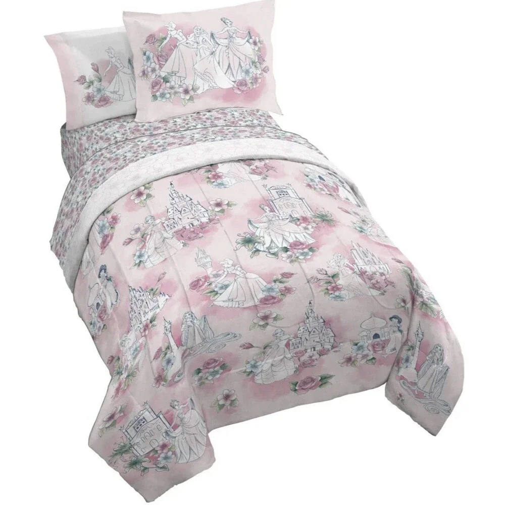 Kids' Pink Princess Comforter Set with Castle & Floral Motifs