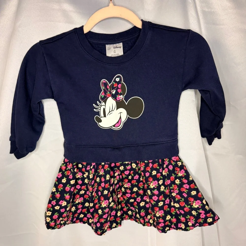 Baby Gap Disney Minnie Mouse Navy Blue Floral Sweatshirt Dress Kids‎ 3 Years
