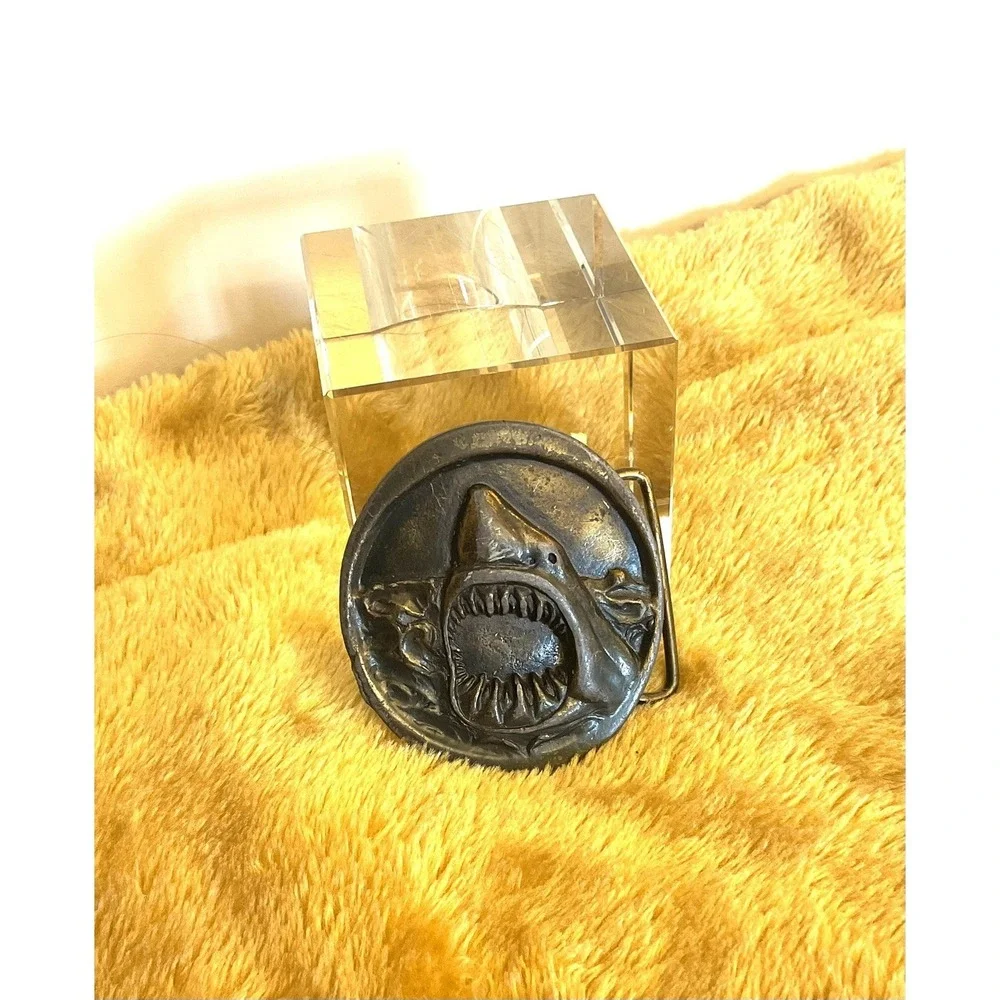 Vintage Great White Shark Belt Buckle E88 Solid Brass Jaws Style USA Heavy