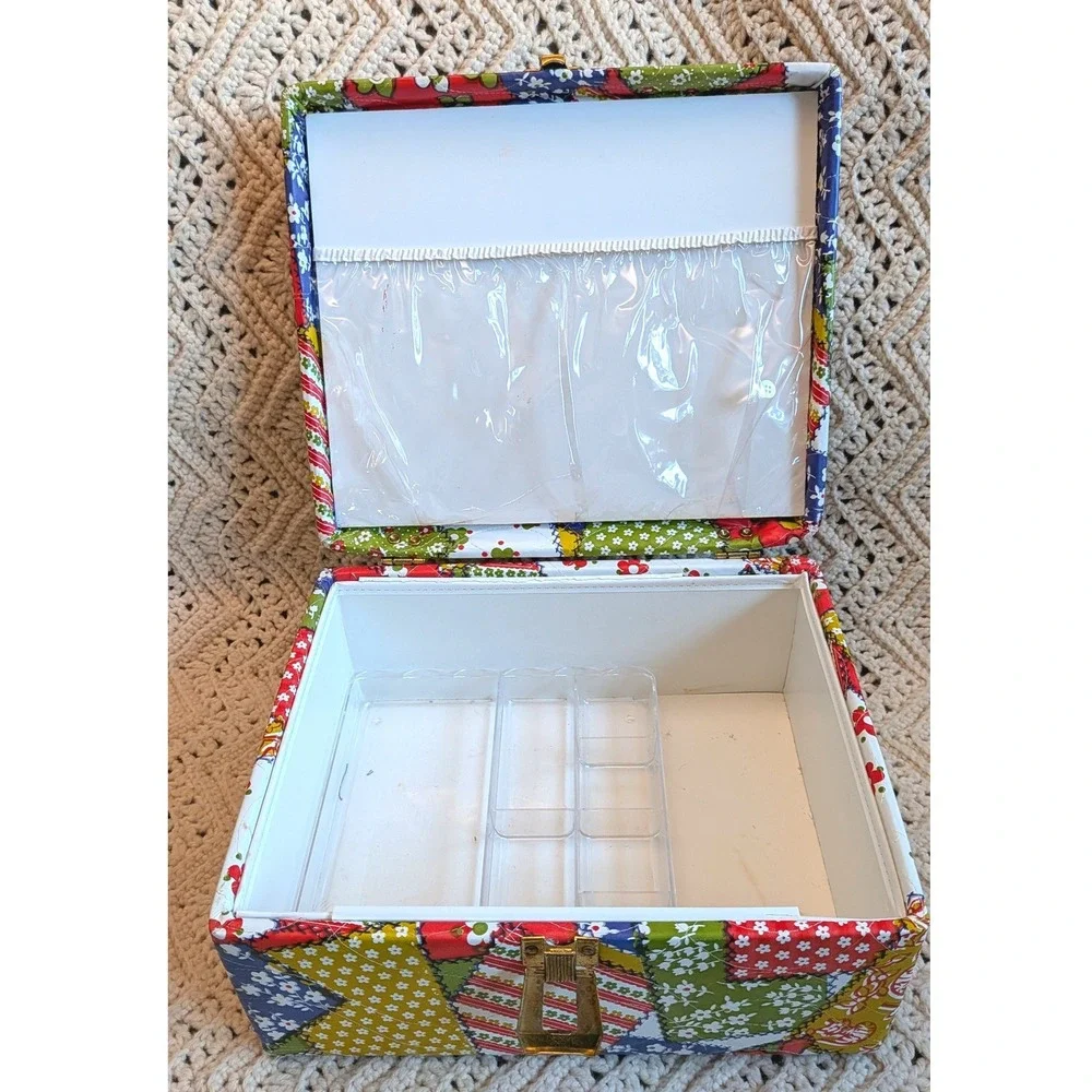Vintage Quilted Patchwork Sewing Basket Floral Print Storage Box Green Handle