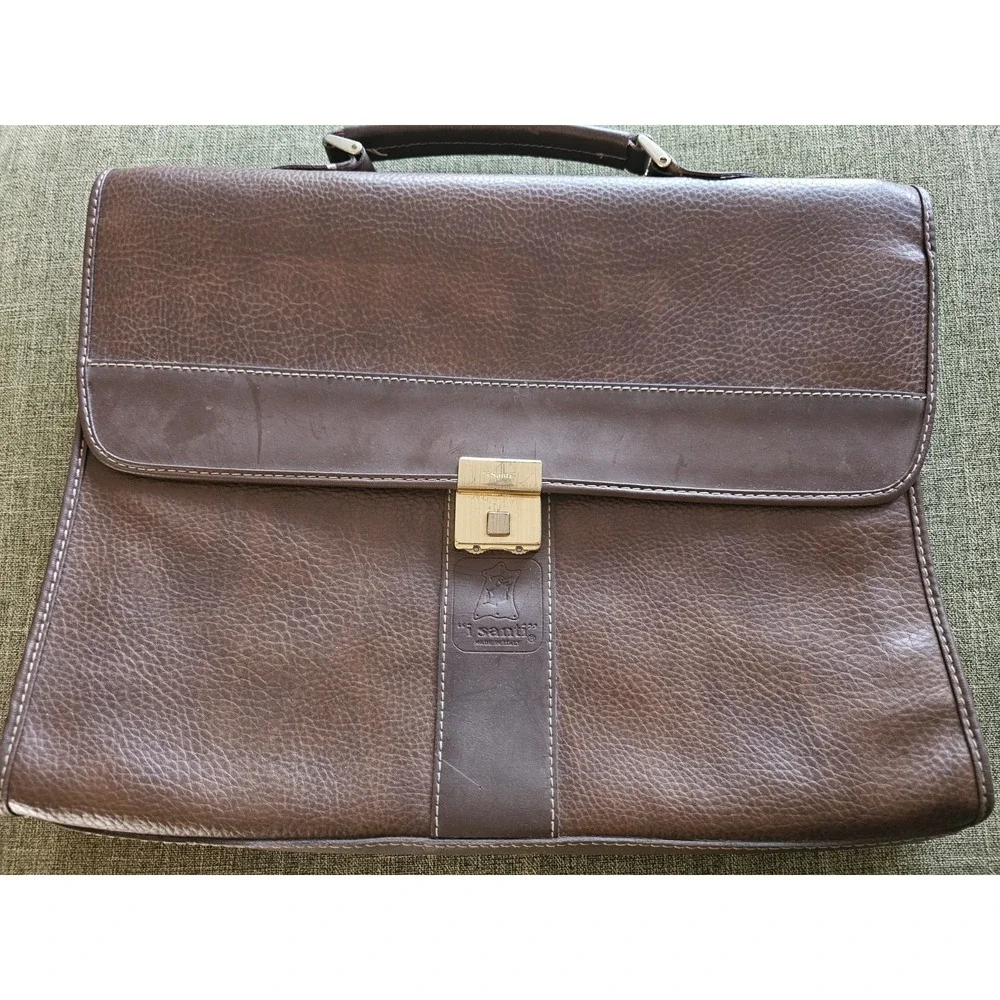 I santi ITALIAN PEBBLED LEATHER BRIEFCASE, GOLD HARDWARE
