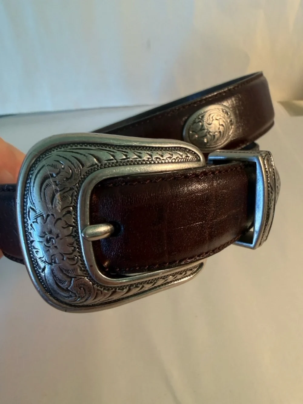 Vintage Western Leather Belt Silver Tone Conchos Engraved Buckle Brown Boho