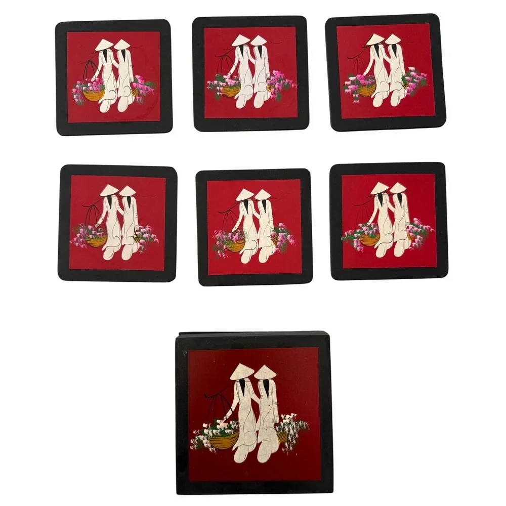 Vintage Vietnamese Lacquer Coaster Set w/ Box‎ – Hand-Painted Áo Dài Art