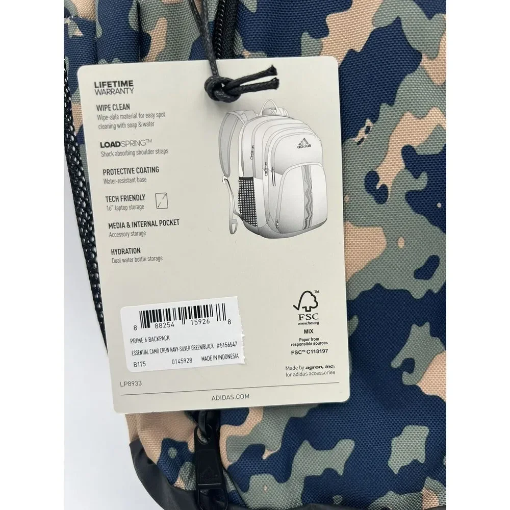 adidas Prime 6 Backpack Essential‎ Camo Crew Navy-Silver Green/Black One Size