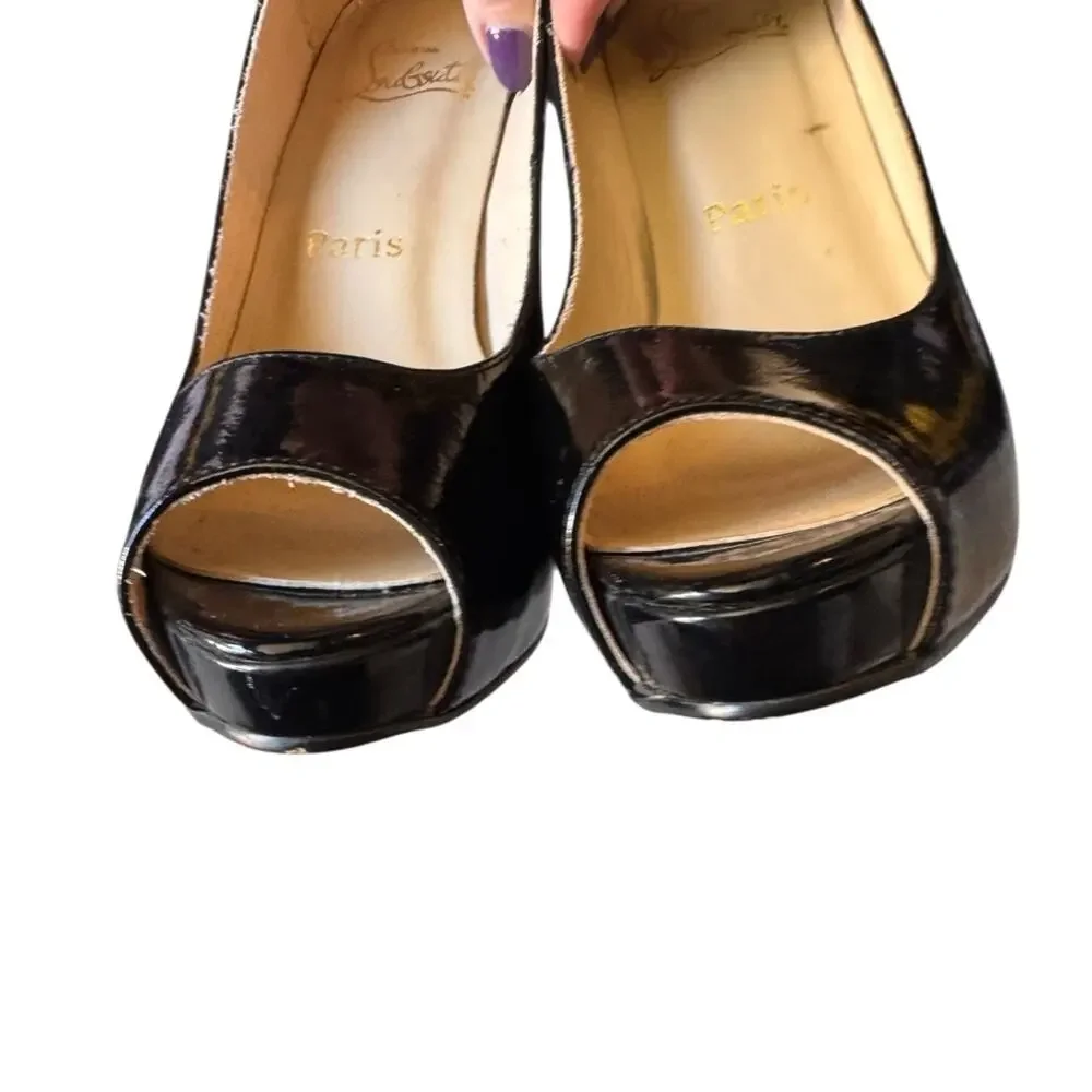 Christian Louboutin - Black Patent Peep-Toe Stiletto Heels Red Soles Sz 37