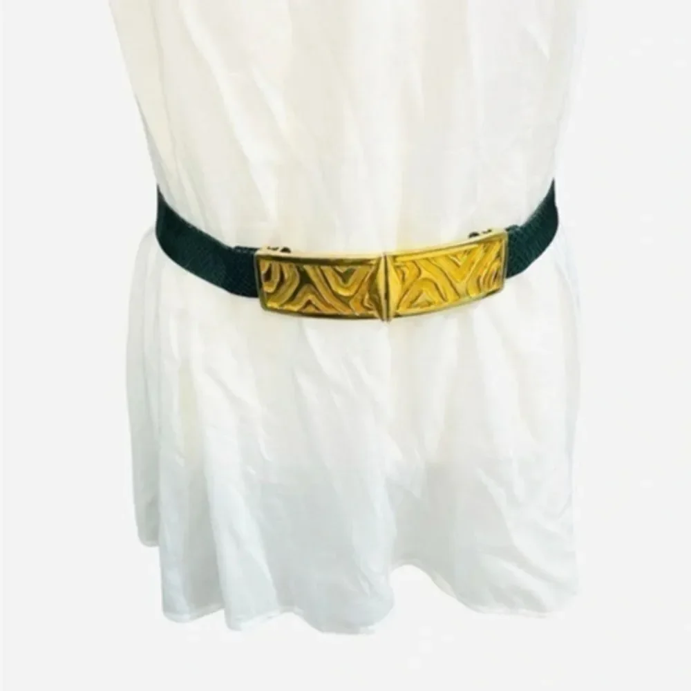Vintage snake skin belt green and gold brass small high waist clip loop