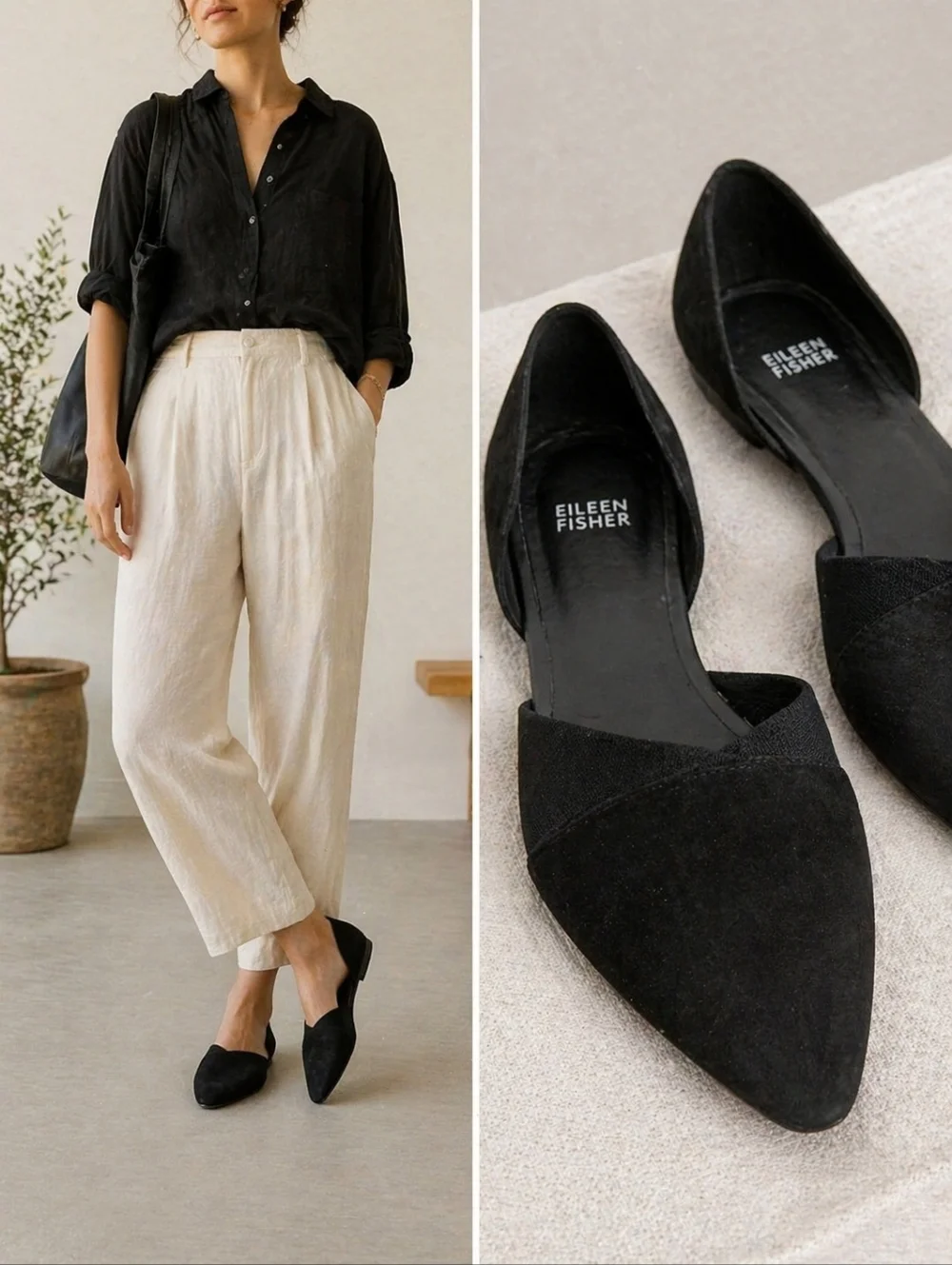 EILEEN FISHER Ida Dorsay Flats Womens Size 8.5 Black Suede Leather Minimalist