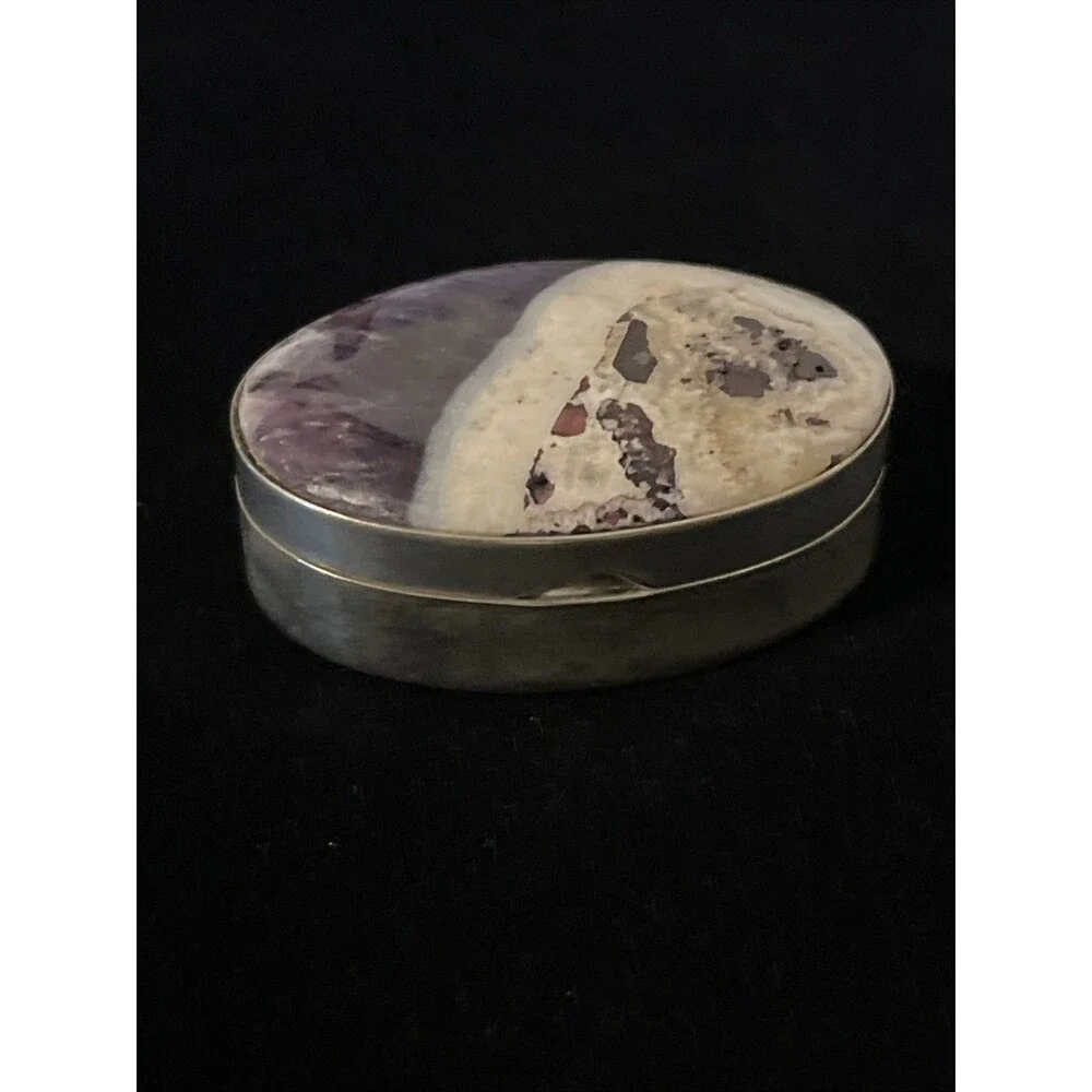 Sterling Silver Opalized Fluorite Cabochon Vintage Handmade Rare Pill Box Mexico