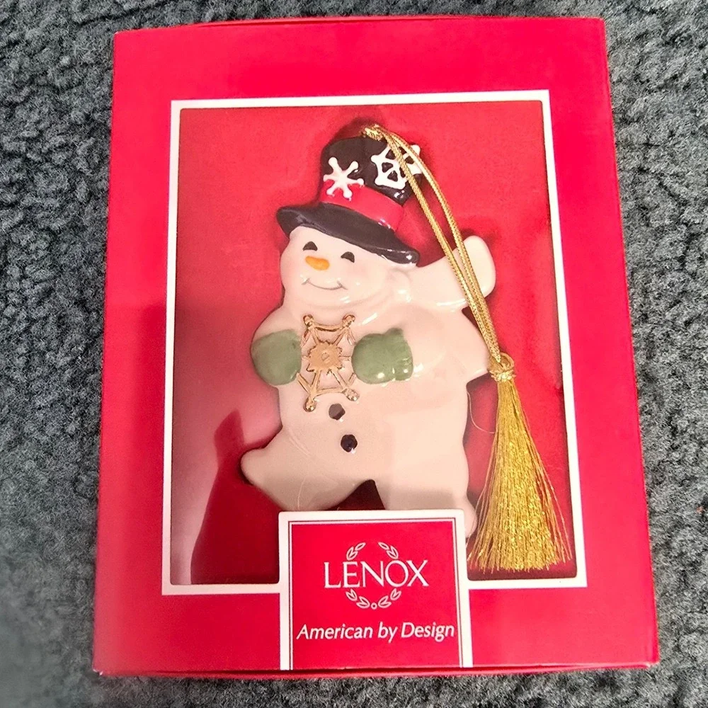 Lenox Snowflake Snowman Ornament Porcelain 4in Ivory Black Green RED 857519 NIB