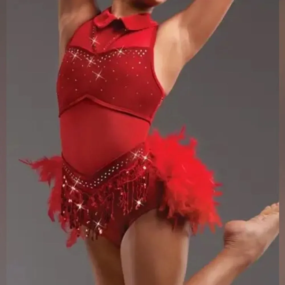 WEISSMAN solo Dance Costume red Crystal feather Leotard stoned velvet 15752 MA