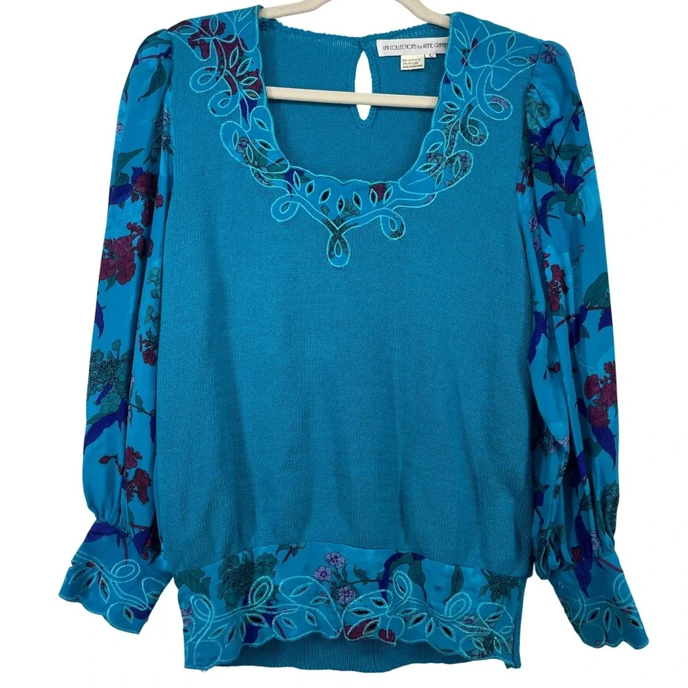 Umi Collections Anne Crimmins Size L Blouse Vintage Top Blue Floral Embroidered