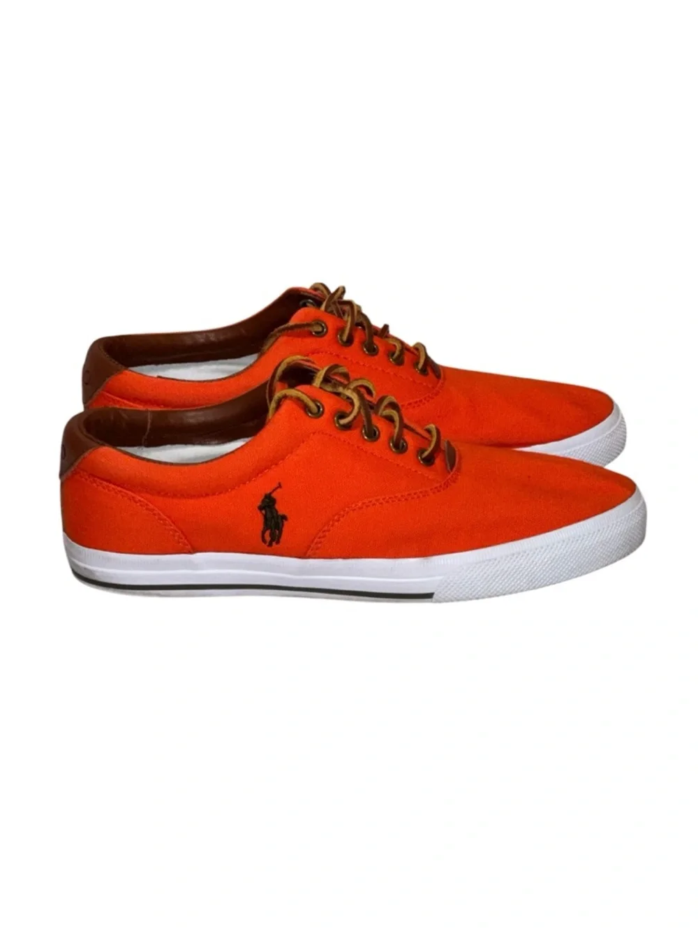 Polo by Ralph Lauren Vaughn Orange Canvas Sneakers with Brown Trim Men Sz 10.5D