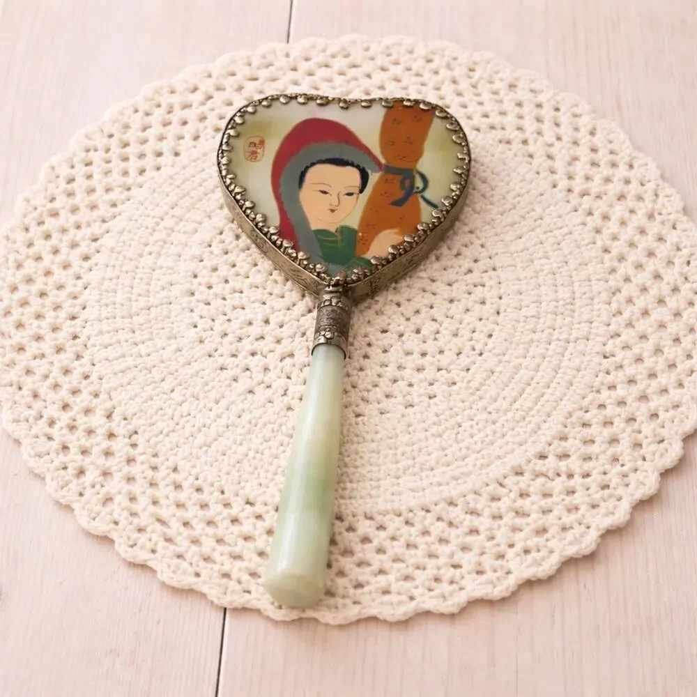 Vintage Asian Heart Shaped Hand Mirror Geisha Enamel Faux Jade Handle