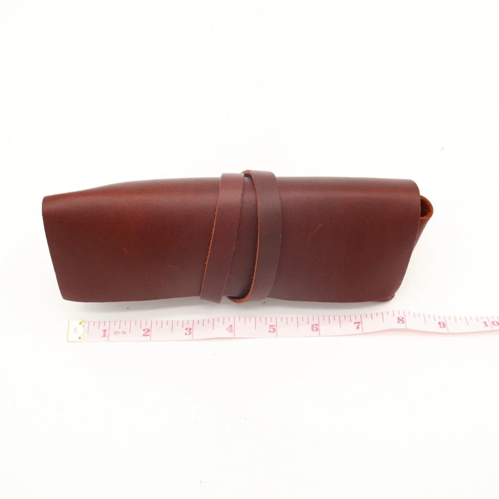 Unisex Adults Pencil Case Dark Brown Genuine Leather Classic Wrap Strap