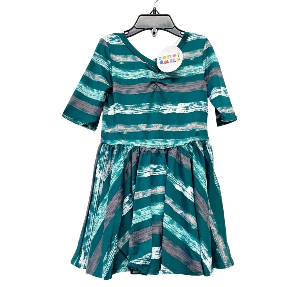 Dot Dot Smile Girls Teal‎ Stripe Print Ballerina Short Sleeve Dress Size 2T
