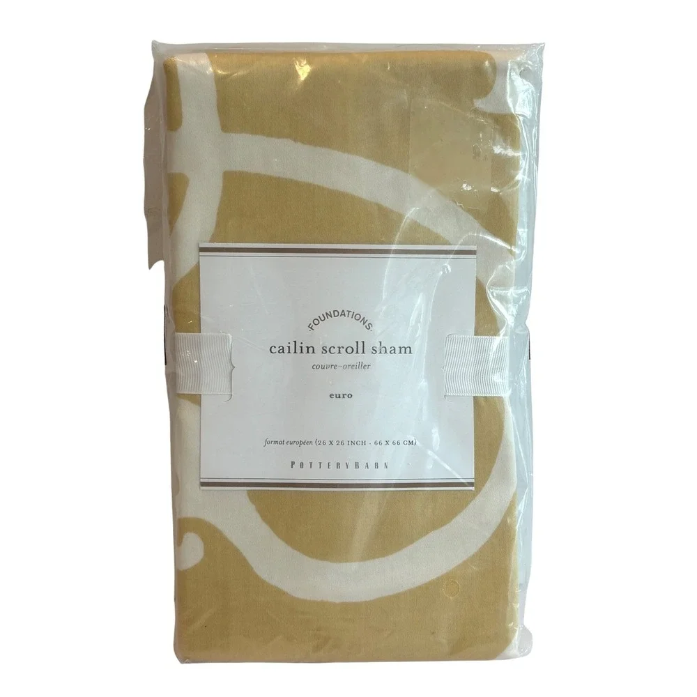 Pottery Barn Euro Sham Pillow Cover‎ Cailin Scroll Yellow White Cotton NWT