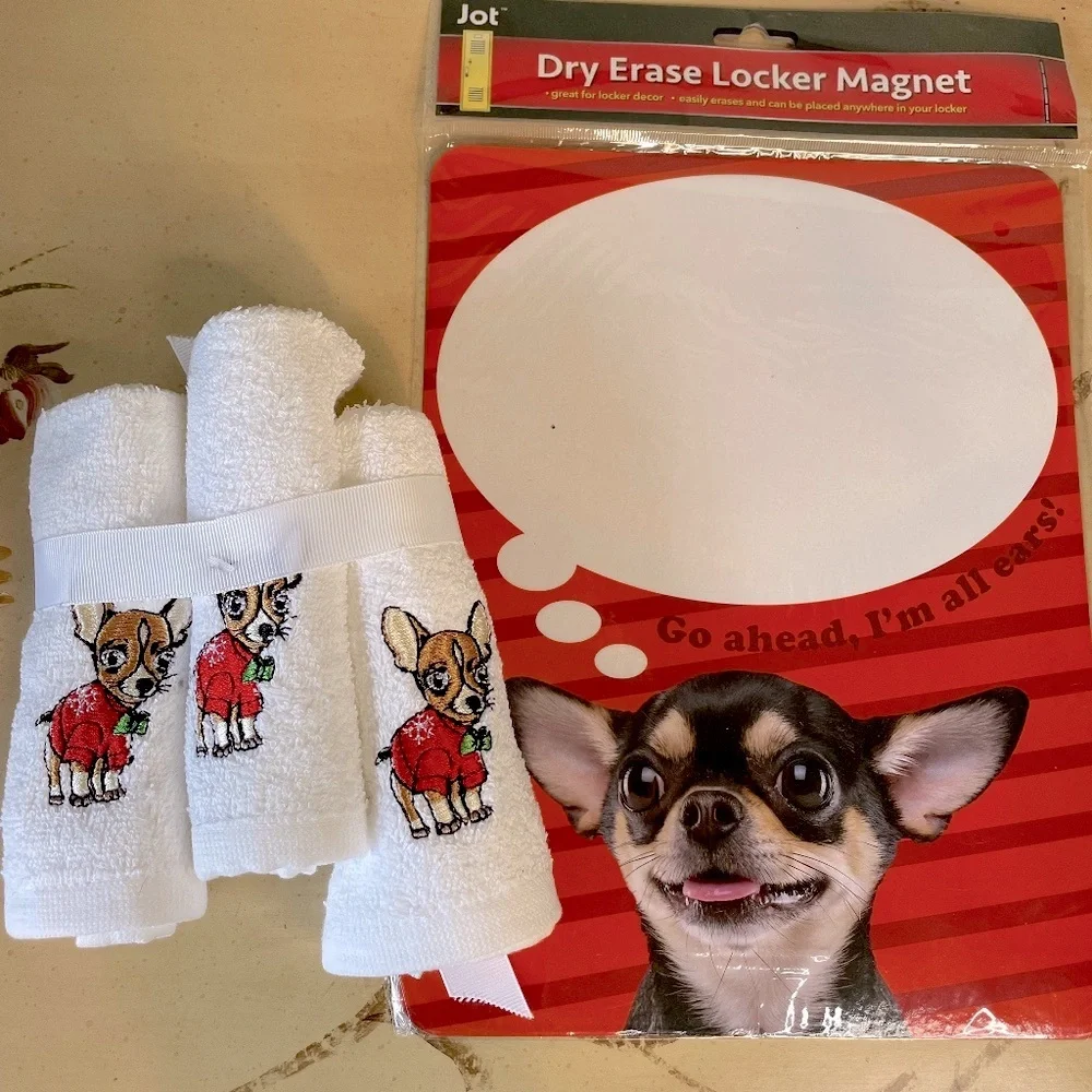 Chihuahua Dogs Wash Cloth Set of 3 & a Dry Erase Magnet Bundle NEW