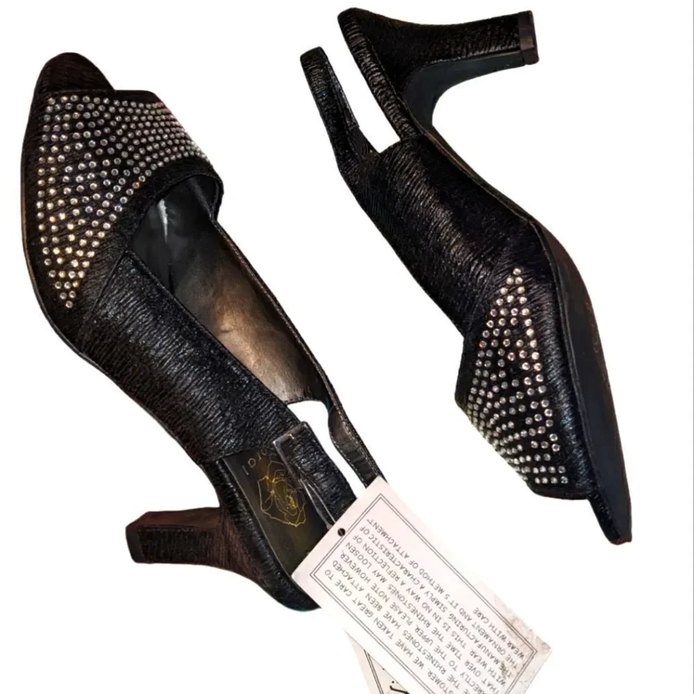 Floral black faux leather heeled sandals with rhinestone details‎ size 8.5 Wide