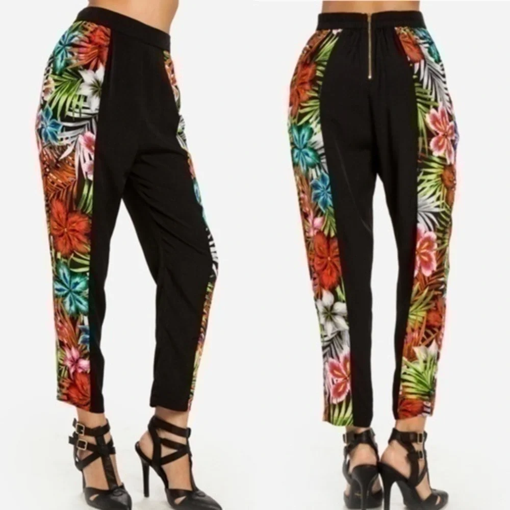 Line & Dot Tropical Floral/Leaf Silk Tapered Leg Cropped Pants size M NWT