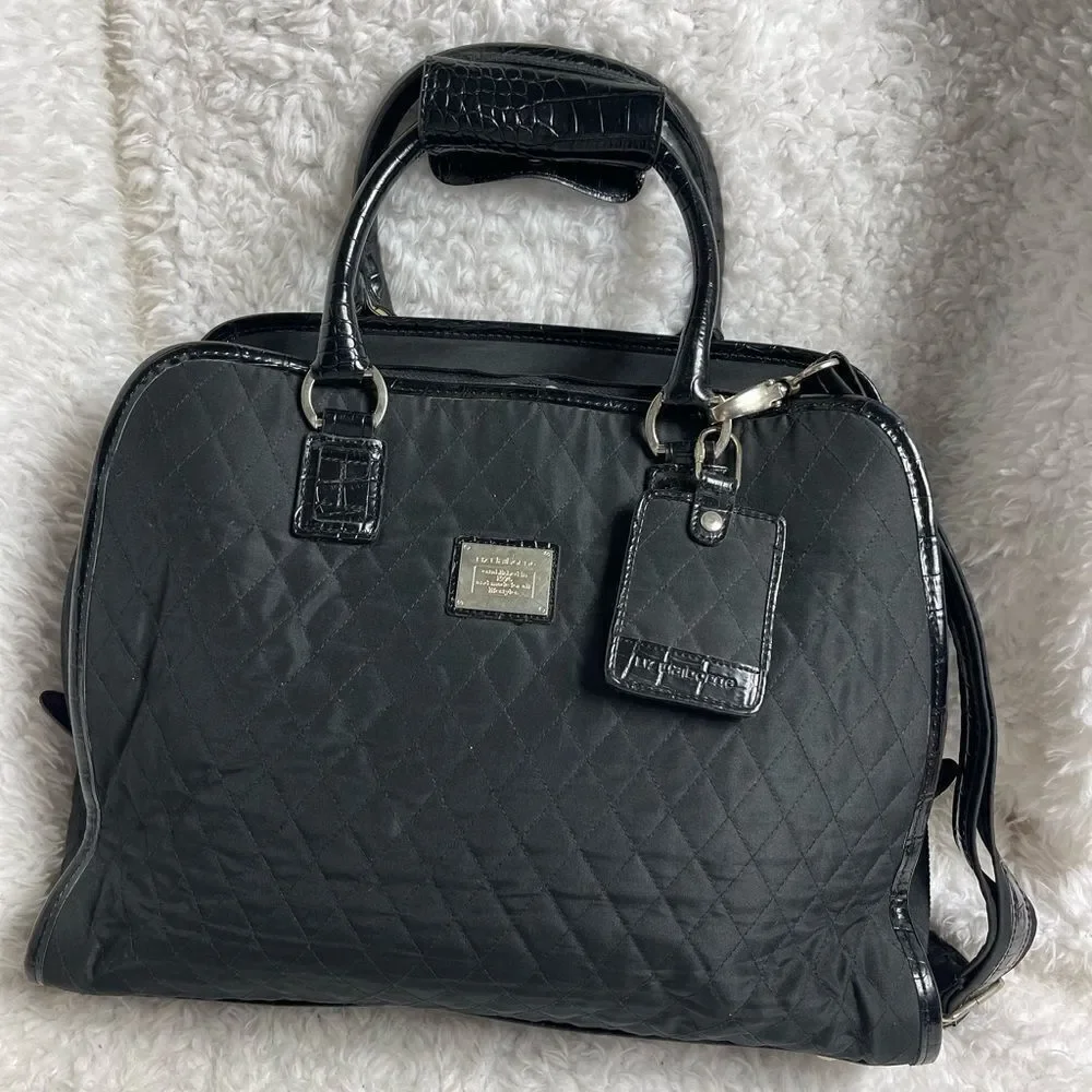 Liz Claiborne Black quilted fabric large laptop work bag silver tone hardwares