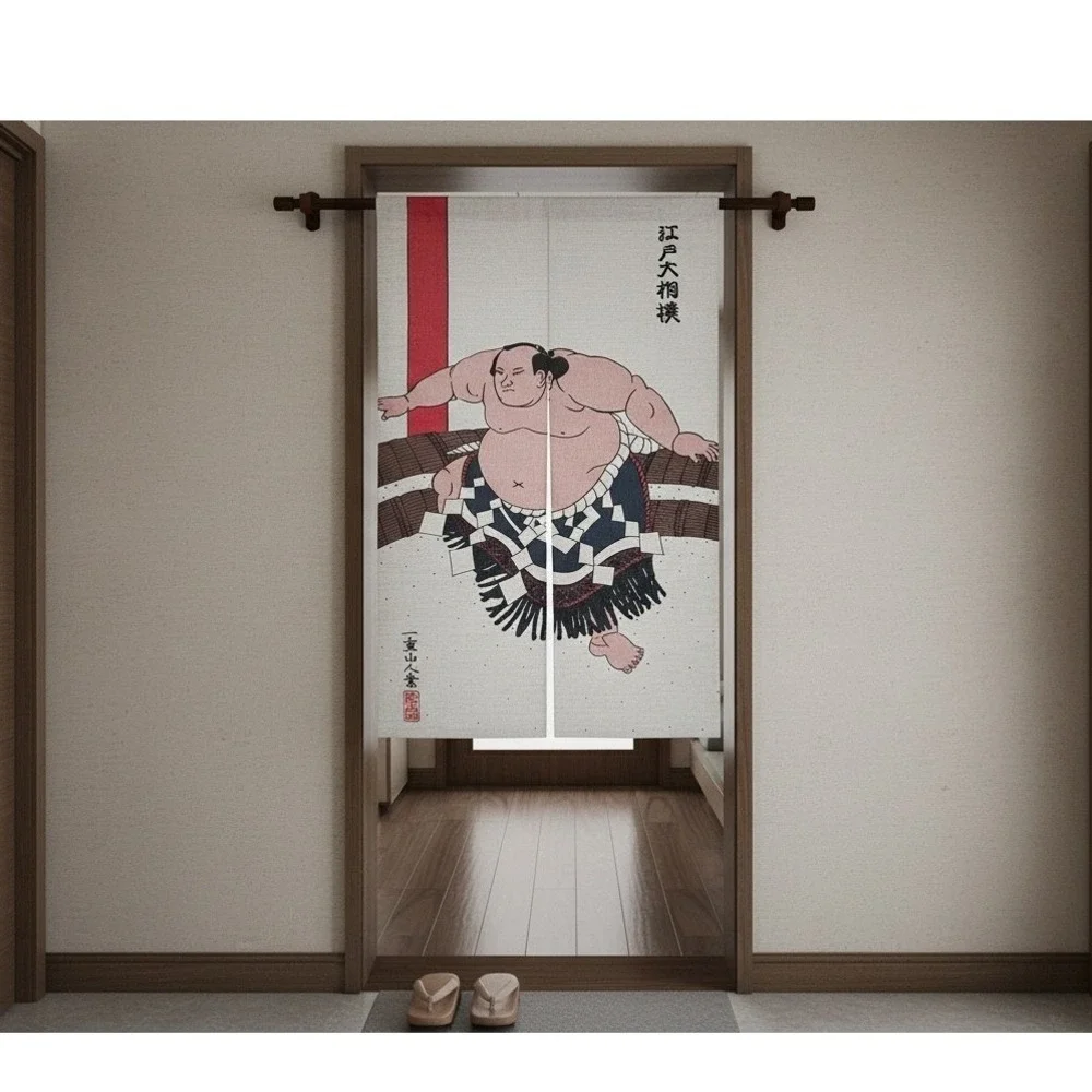 Japanese Noren Curtain Sumo Wrestler Ukiyo-e Art Doorway Tapestry Linen Blend
