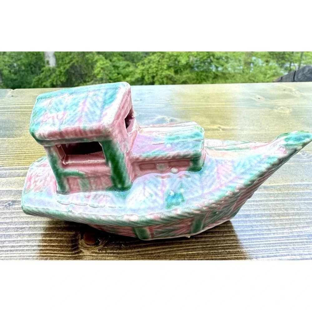 Vintage Hanaki Ceramic Tugboat Aquarium Ornament Fish Tank Boat Nautical Decor
