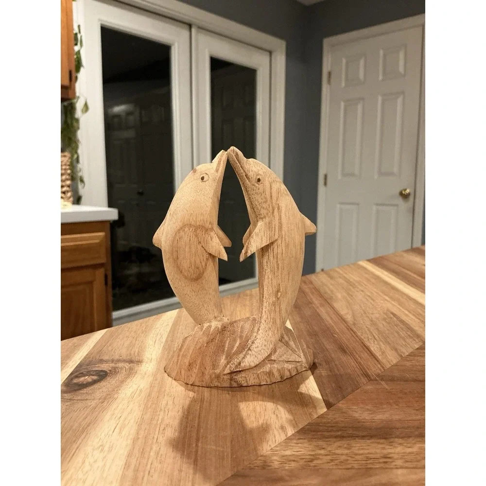 Dolphin Pair‎ Wood Hand Carved Figurine Nautical Coastal Decor