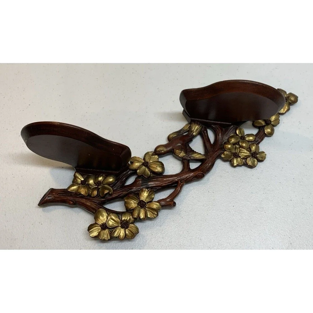 Vintage Bird Dogwood Wood Two Shelf Plate Rack Wall Display Asian Carved MCM