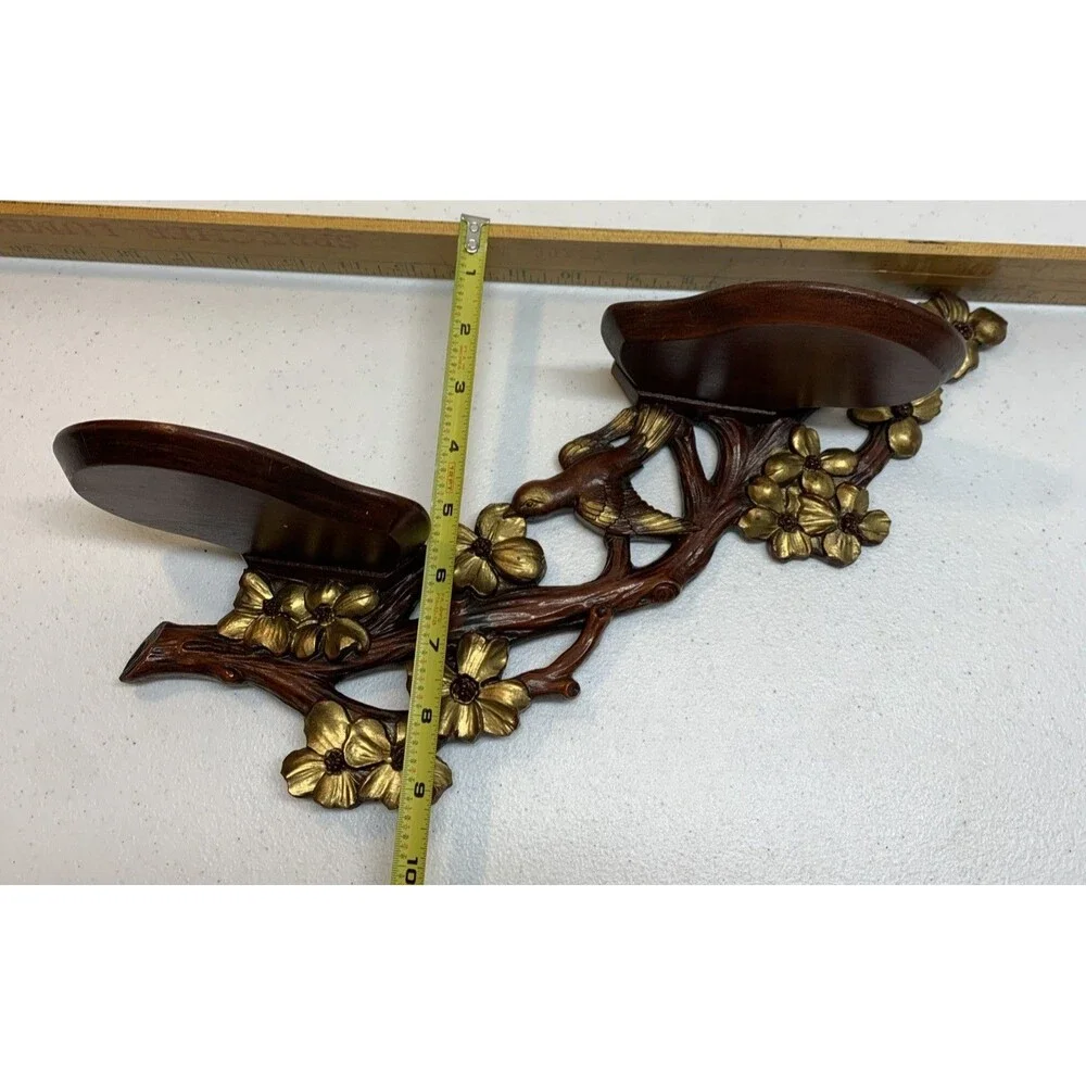 Vintage Bird Dogwood Wood Two Shelf Plate Rack Wall Display Asian Carved MCM