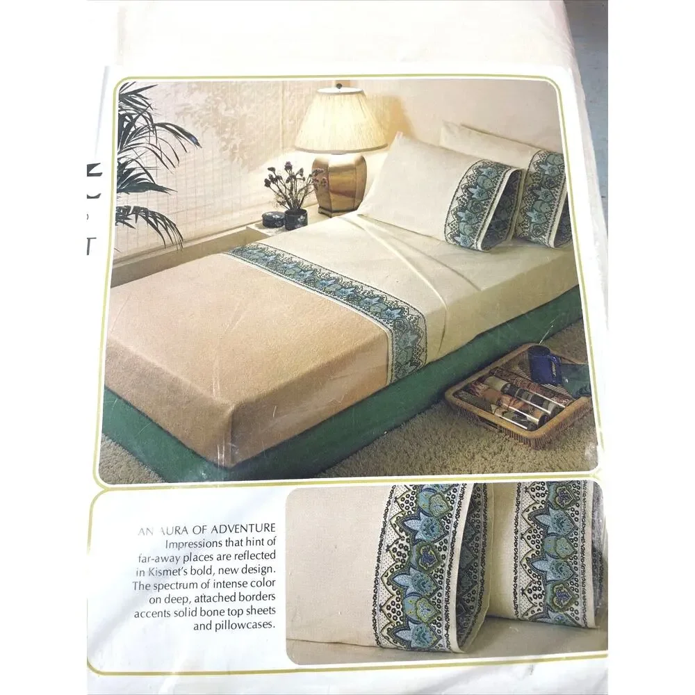 Vintage Sears Kismet Sheet Set – 2 Full Flat & Fitted NOS Beige Green Blue MCM