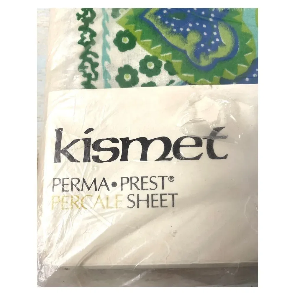 Vintage Sears Kismet Sheet Set – 2 Full Flat & Fitted NOS Beige Green Blue MCM