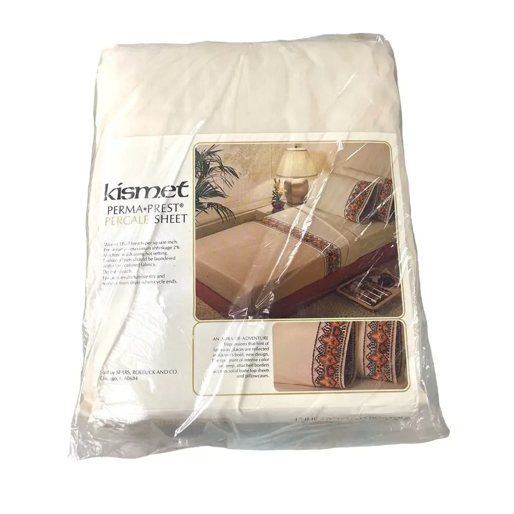 Vintage Sears Kismet Sheet Set – 2 Full Flat & Fitted NOS Beige Green Blue MCM