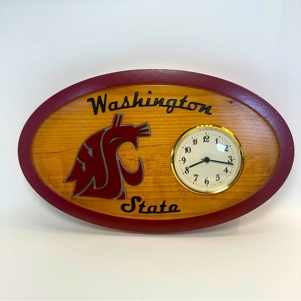 WSU Washington State University Solid‎ Wood Hand Crafted Plaque with Clock Cougs