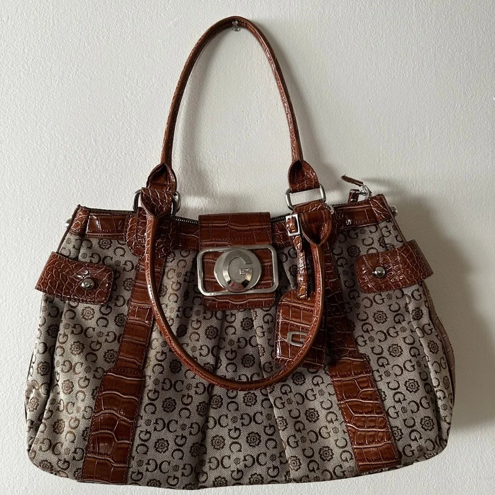 RARE Guess Monogram Canvas Brown Croc Embossed Bag Satchel‎ G Logo Buckle Y2K