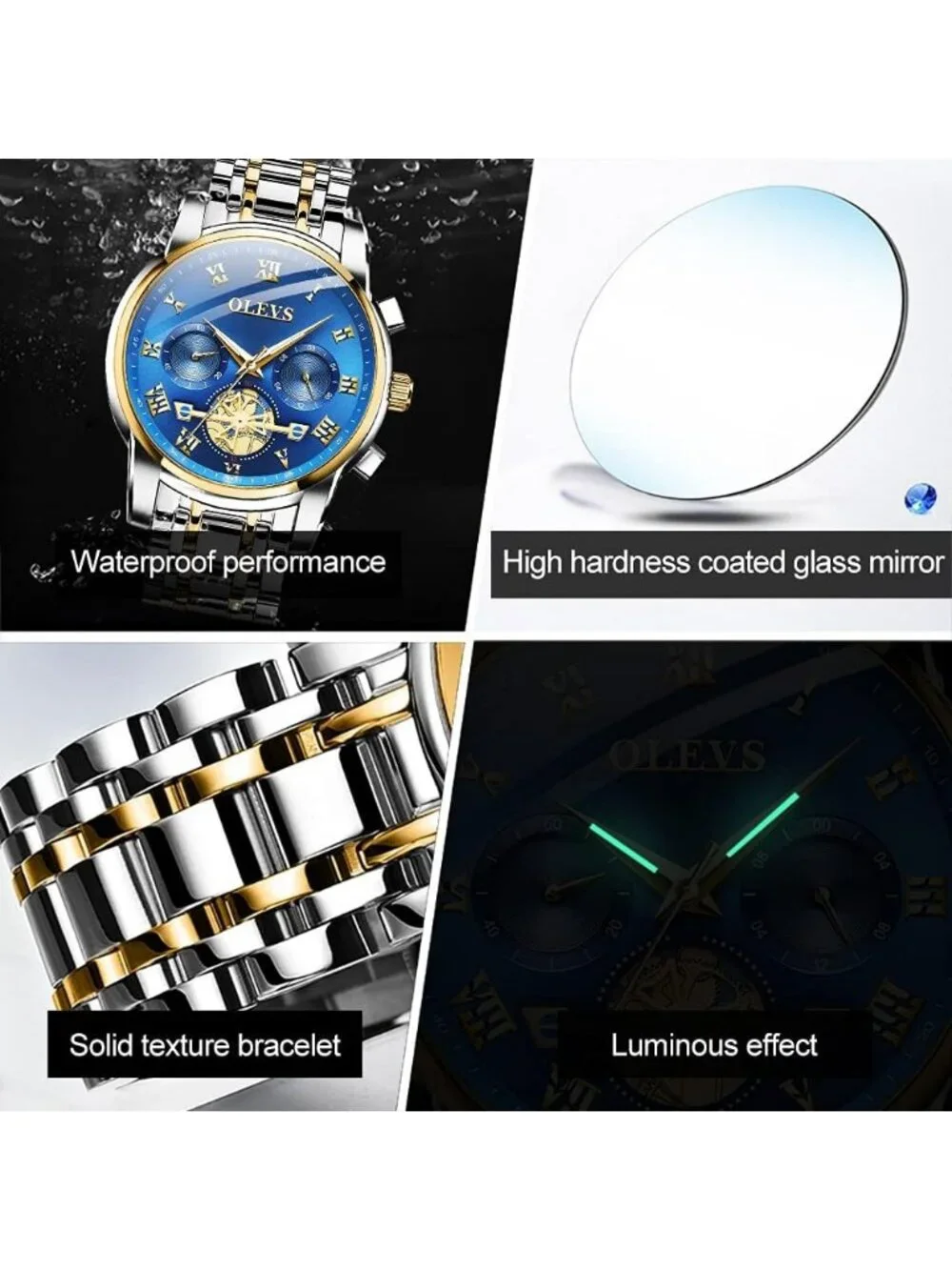 Olevs Men's Silver Blue Face Multifunction Waterproof Luminous Chronograph Watch