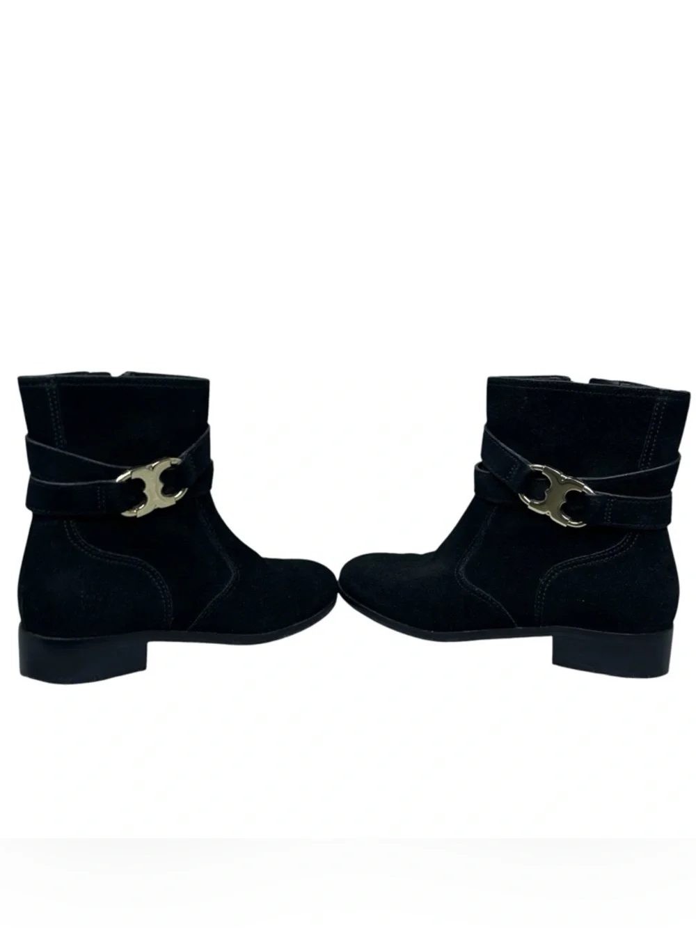 Tory Burch Gemini Suede Ankle Boots Size 7 US Black Gold Logo Luxury Minimalist