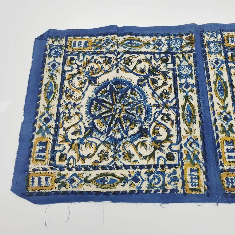 Vintage Turkish Blue Mandala Flower Set 4 Connected Fabric Panel Turkey Made