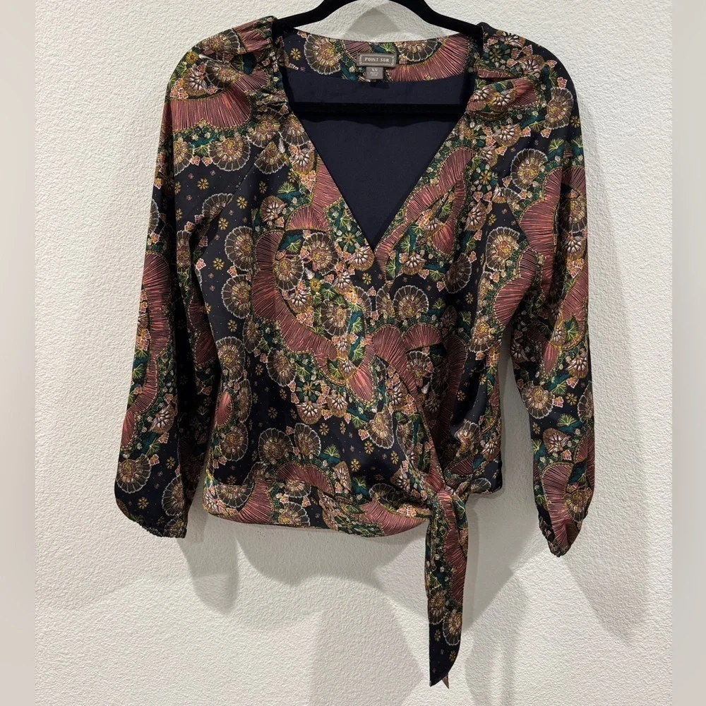J.Crew Point Sur Satin Crepe Paisley Floral Wrap Tie Black Blouse Top Size XS