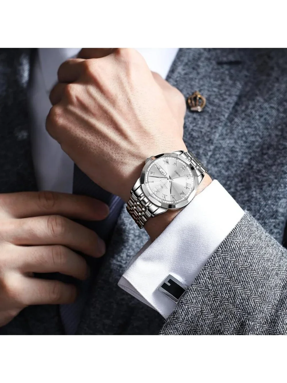 Men's All Silver Stainless Steel Luminous Quartz Waterproof Round Classic Watch