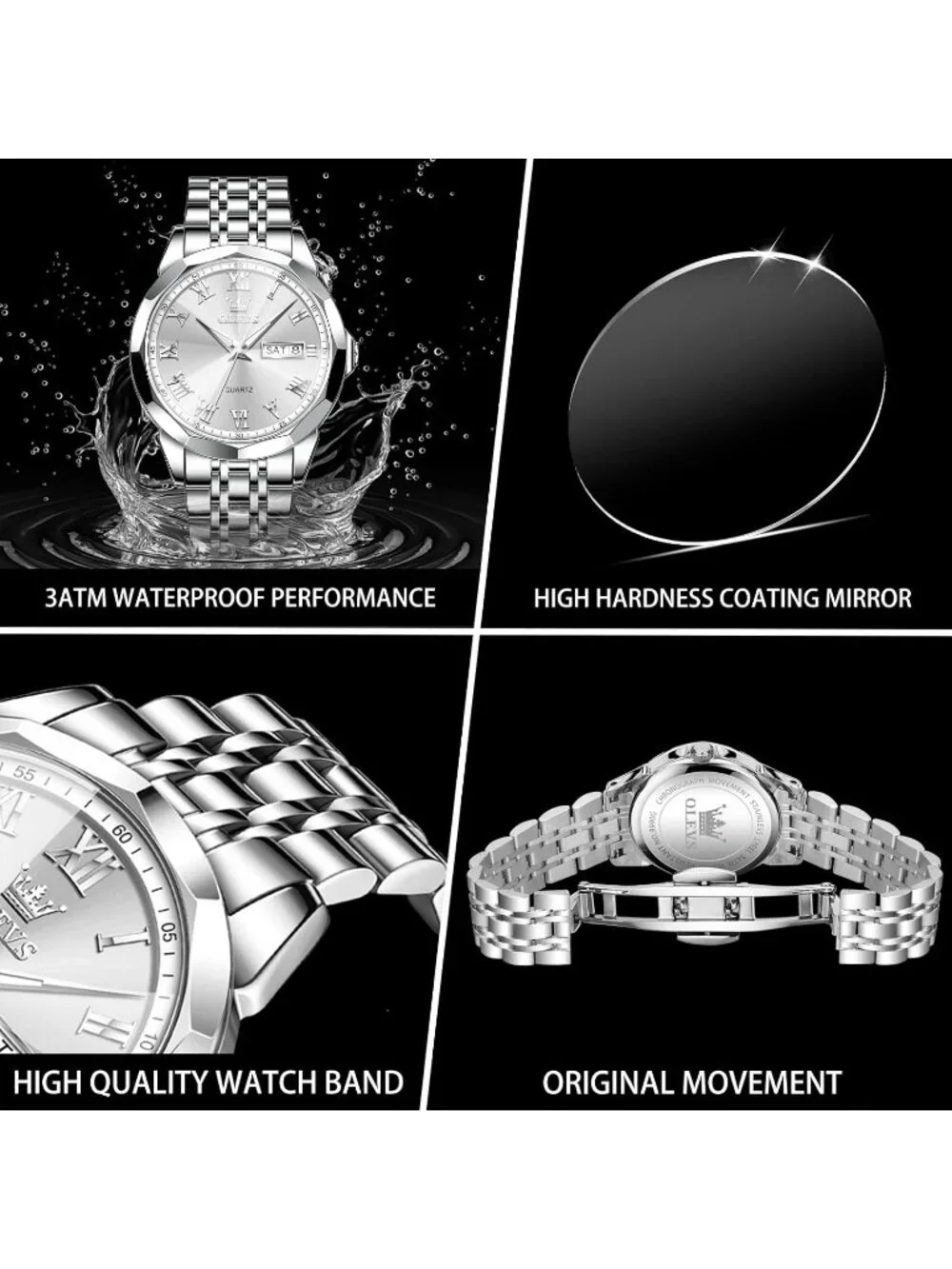 Men's All Silver Stainless Steel Luminous Quartz Waterproof Round Classic Watch