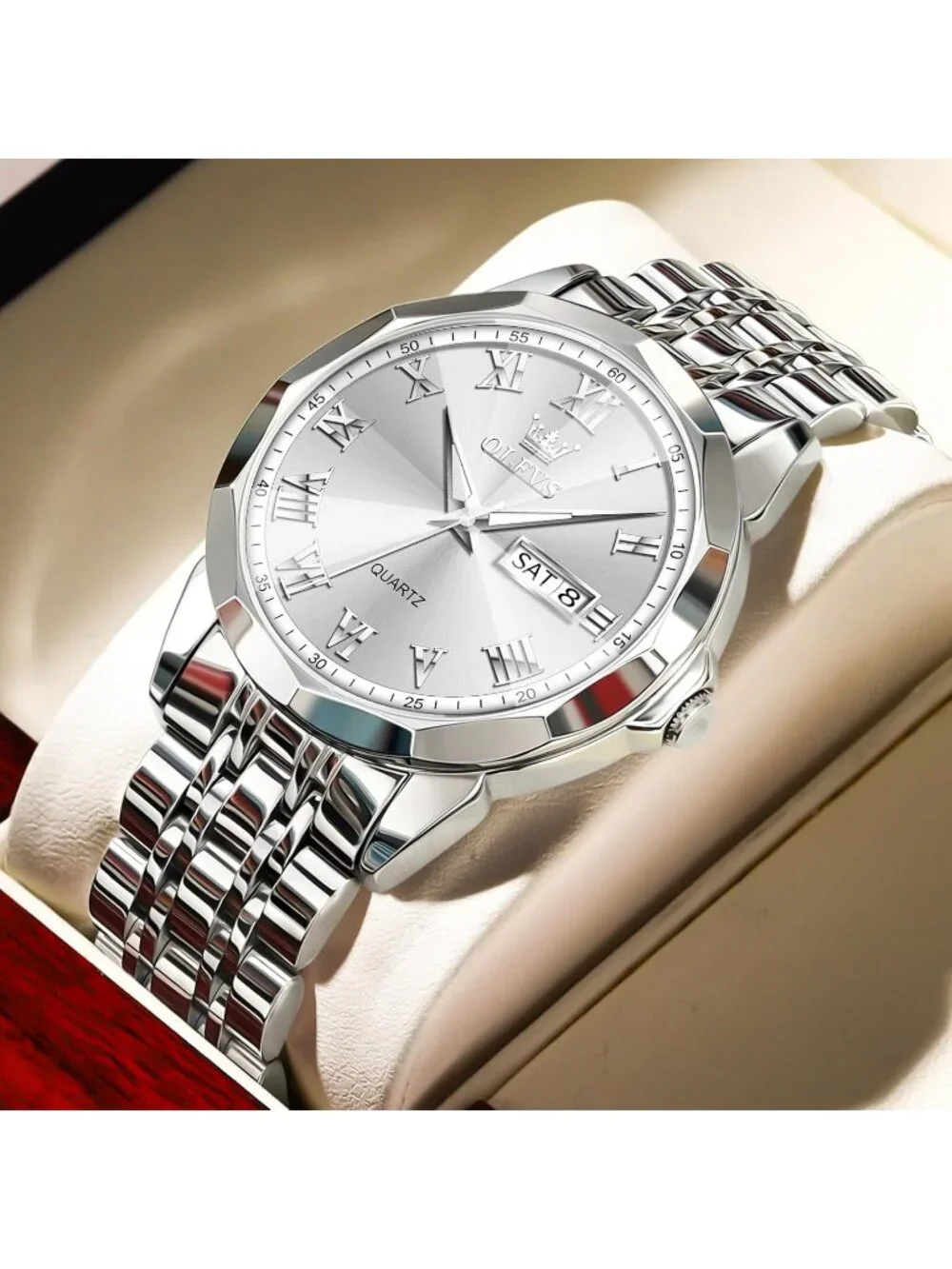 Men's All Silver Stainless Steel Luminous Quartz Waterproof Round Classic Watch